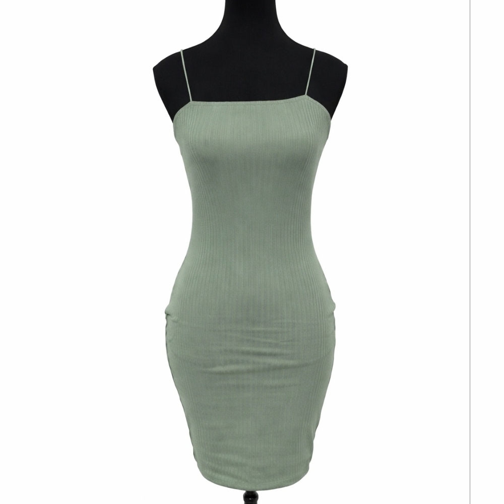 Derek Heart Sage Green Ribbed Spaghetti-Strap Mini Dress
